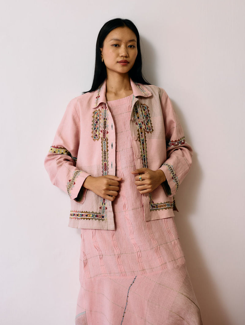 Zuri Hand-Embroidered Metallic Jacket-Pink linen jacket/overlay by Manan in pink for women Worldwide