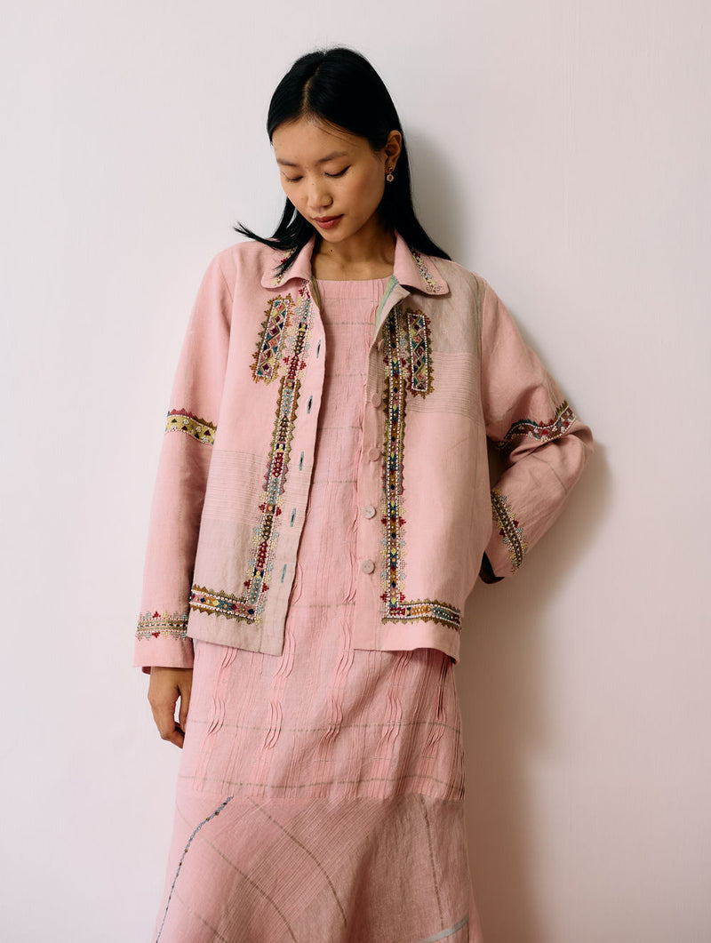 Dana Pintuck & Pleat Sleeveless Co-ord-Pink linen co-ord set by Manan in pink for women Worldwide