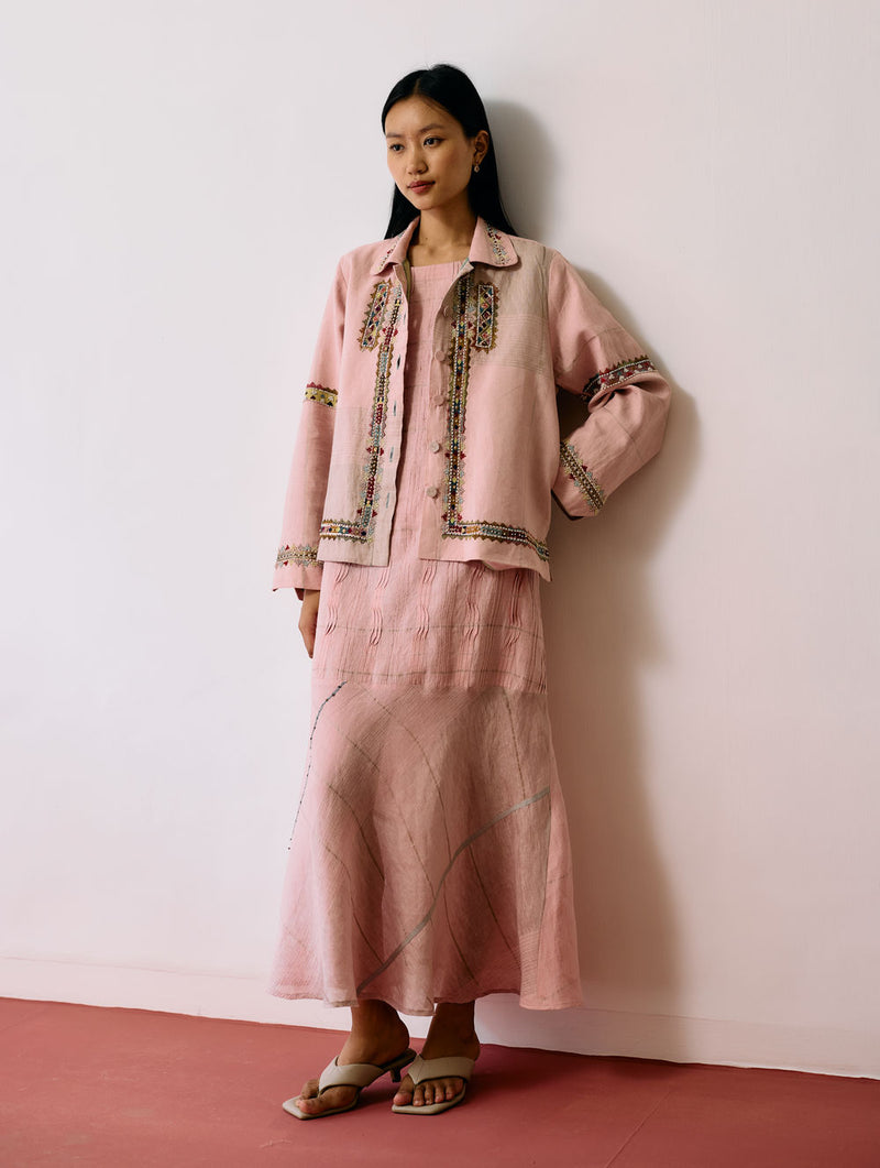 Dana Pintuck & Pleat Sleeveless Co-ord-Pink linen co-ord set by Manan in pink for women Worldwide