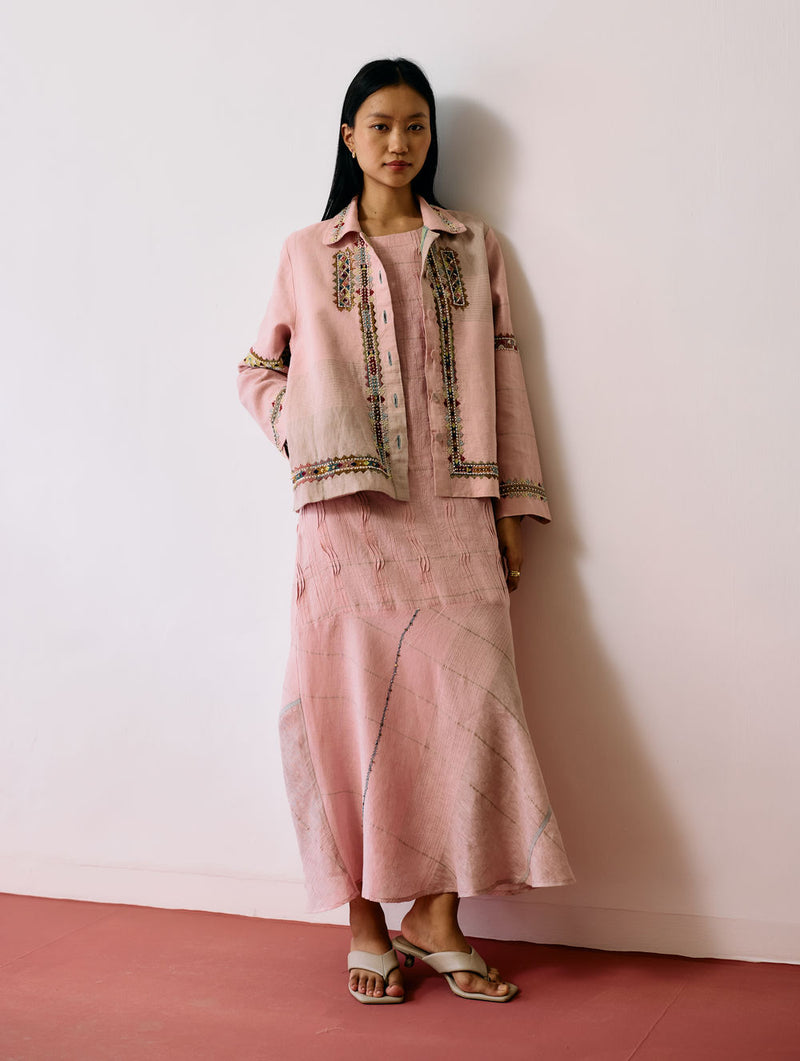 Dana Pintuck & Pleat Sleeveless Co-ord-Pink linen co-ord set by Manan in pink for women Worldwide