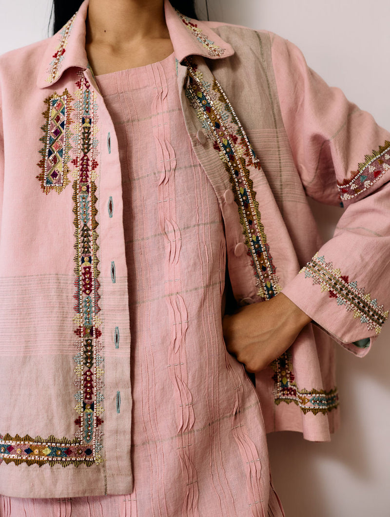 Zuri Hand-Embroidered Metallic Jacket-Pink linen jacket/overlay by Manan in pink for women Worldwide