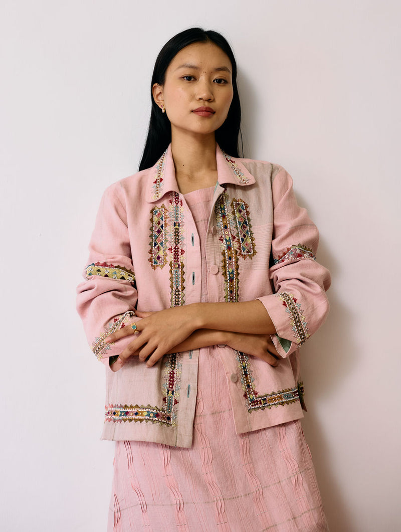Zuri Hand-Embroidered Metallic Jacket-Pink linen jacket/overlay by Manan in pink for women Worldwide