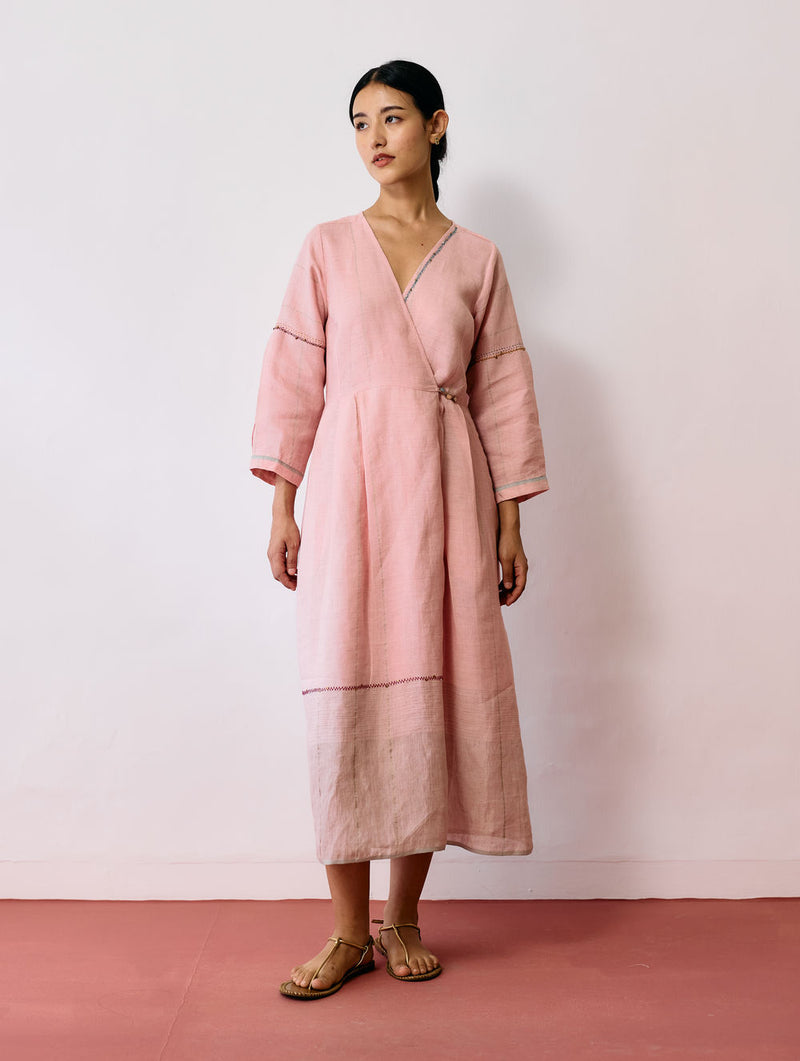 Raya Metallic Linen Wrap dress-Pink linen dress by Manan in pink for women Worldwide