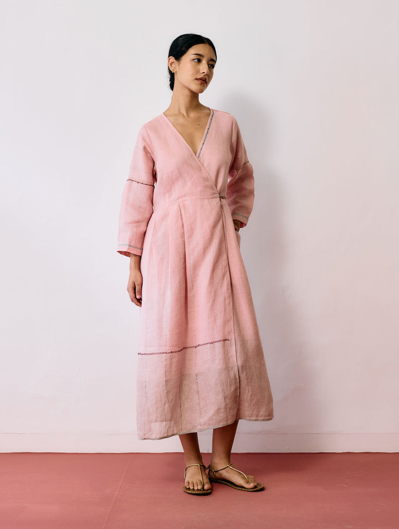 Raya Metallic Linen Wrap dress-Pink linen dress by Manan in pink for women Worldwide