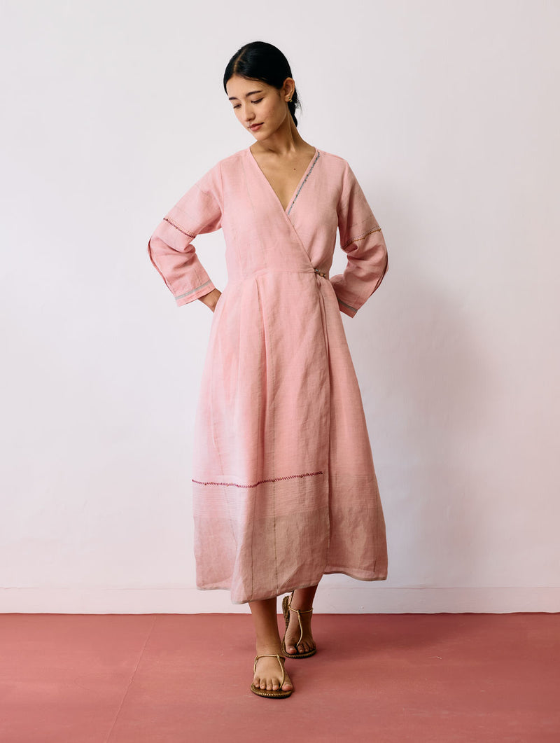 Raya Metallic Linen Wrap dress-Pink linen dress by Manan in pink for women Worldwide