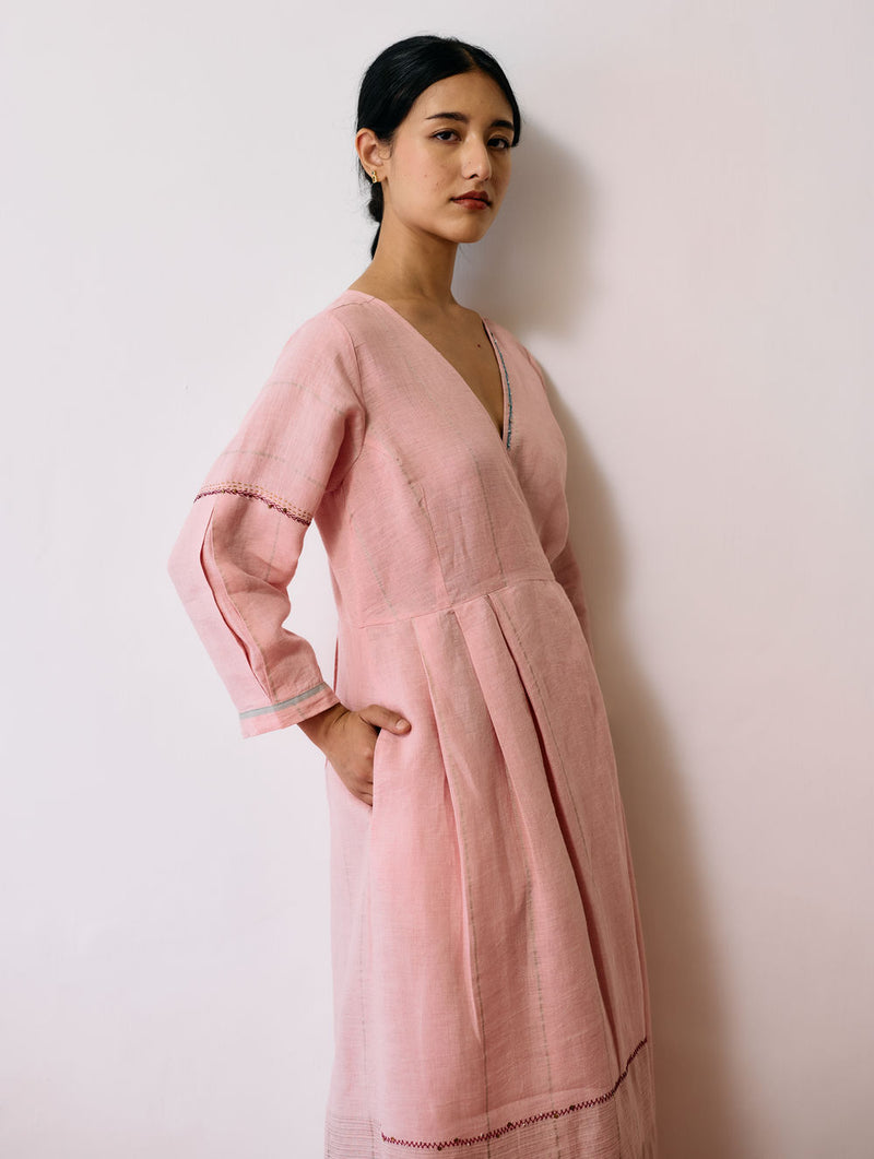 Raya Metallic Linen Wrap dress-Pink linen dress by Manan in pink for women Worldwide