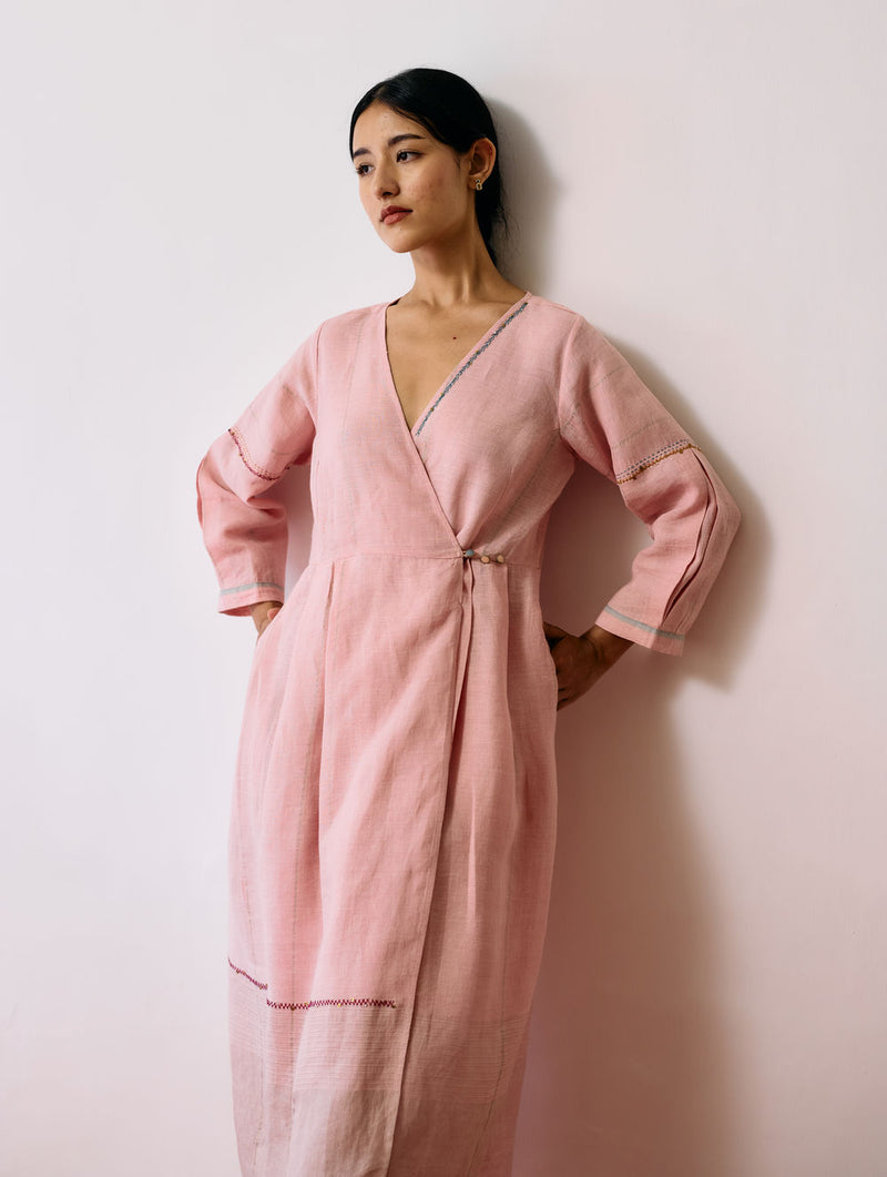 Raya Metallic Linen Wrap dress-Pink linen dress by Manan in pink for women Worldwide