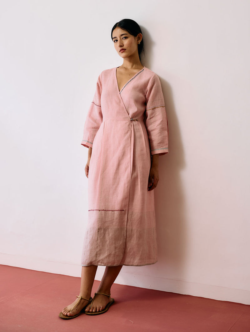 Raya Metallic Linen Wrap dress-Pink linen dress by Manan in pink for women Worldwide
