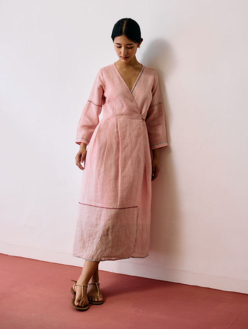 Raya Metallic Linen Wrap dress-Pink linen dress by Manan in pink for women Worldwide