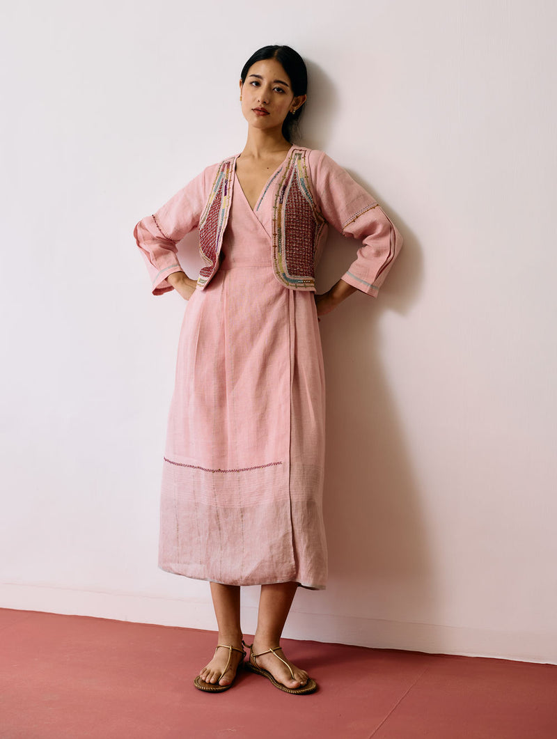 Raya Metallic Linen Wrap Dress with Jacket-Pink linen co-ord set by Manan in pink for women Worldwide