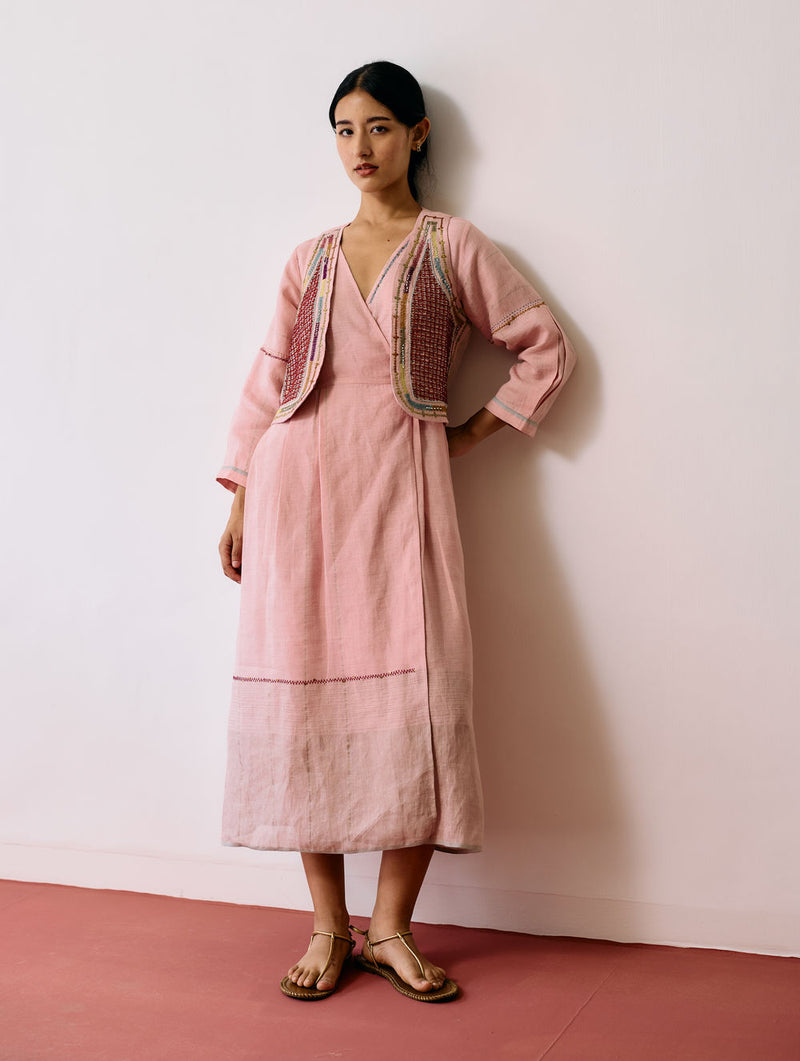 Raya Metallic Linen Wrap Dress with Jacket-Pink linen co-ord set by Manan in pink for women Worldwide