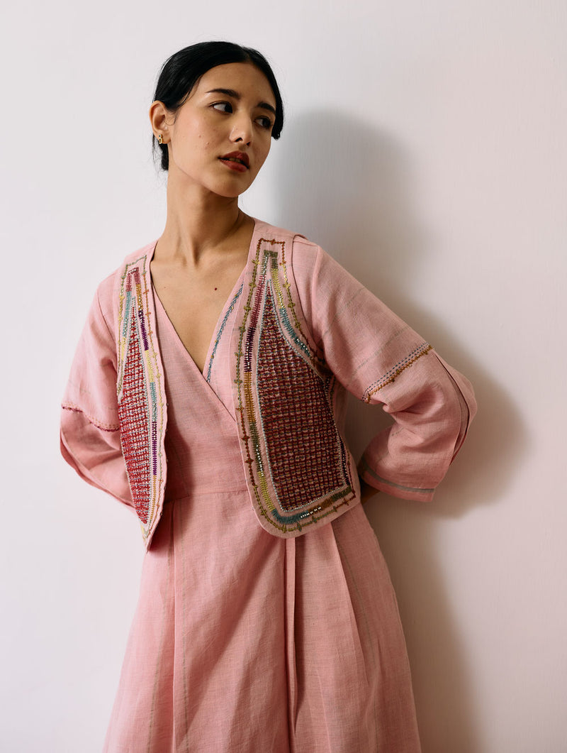Raya Metallic Linen Wrap Dress with Jacket-Pink linen co-ord set by Manan in pink for women Worldwide