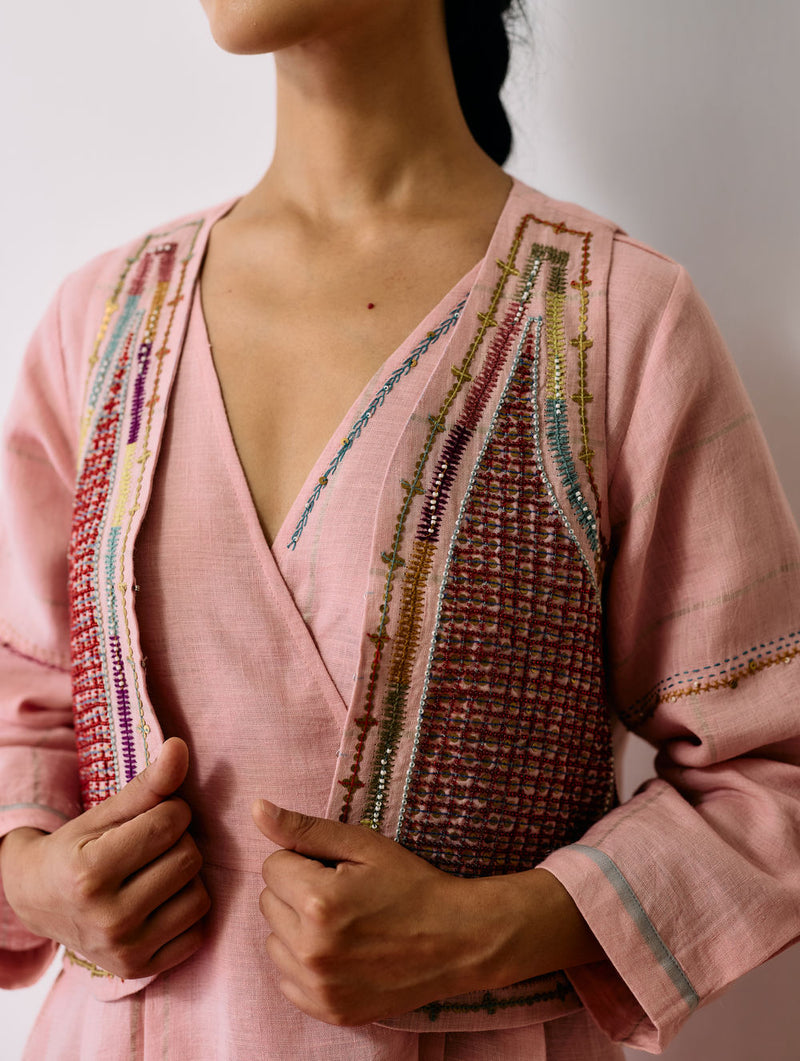 Raya Metallic Linen Wrap Dress with Jacket-Pink linen co-ord set by Manan in pink for women Worldwide