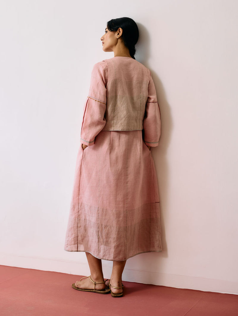 Raya Metallic Linen Wrap Dress with Jacket-Pink linen co-ord set by Manan in pink for women Worldwide