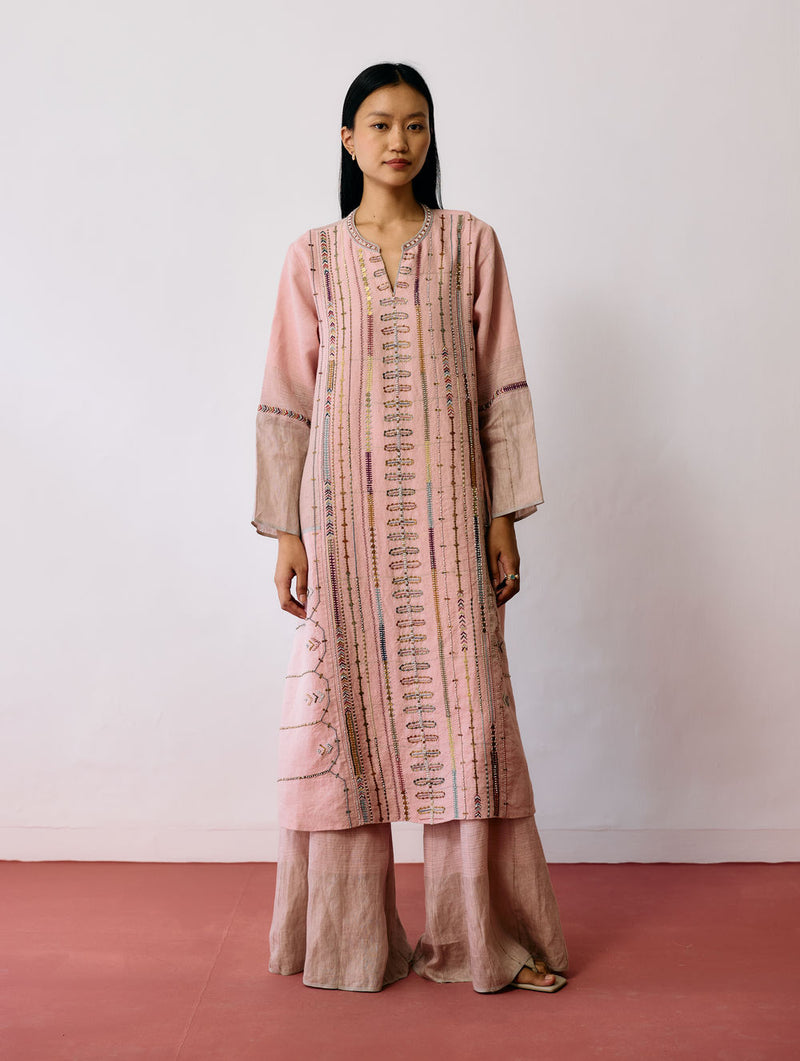 Aicha Hand-Embroidered Panelled Kurta-Pink linen kurta/kurta set by Manan in pink for women Worldwide