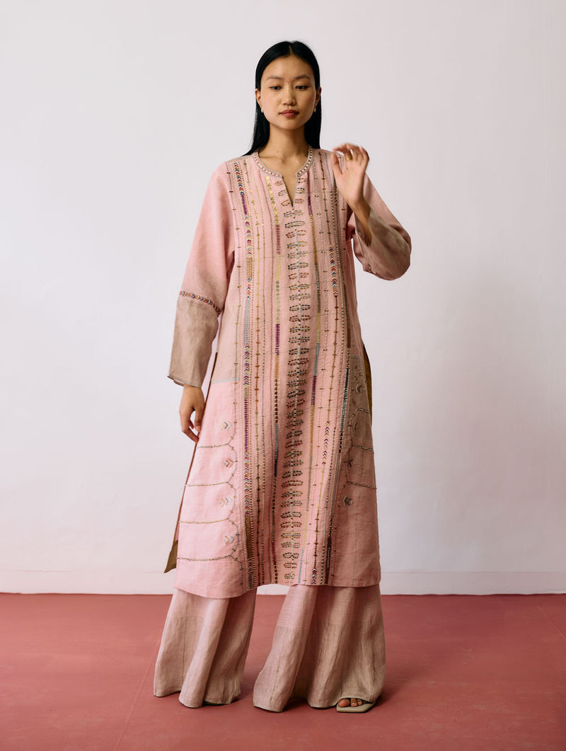 Aicha Hand-Embroidered Panelled Kurta Set-Pink linen kurta/kurta set by Manan in pink for women Worldwide