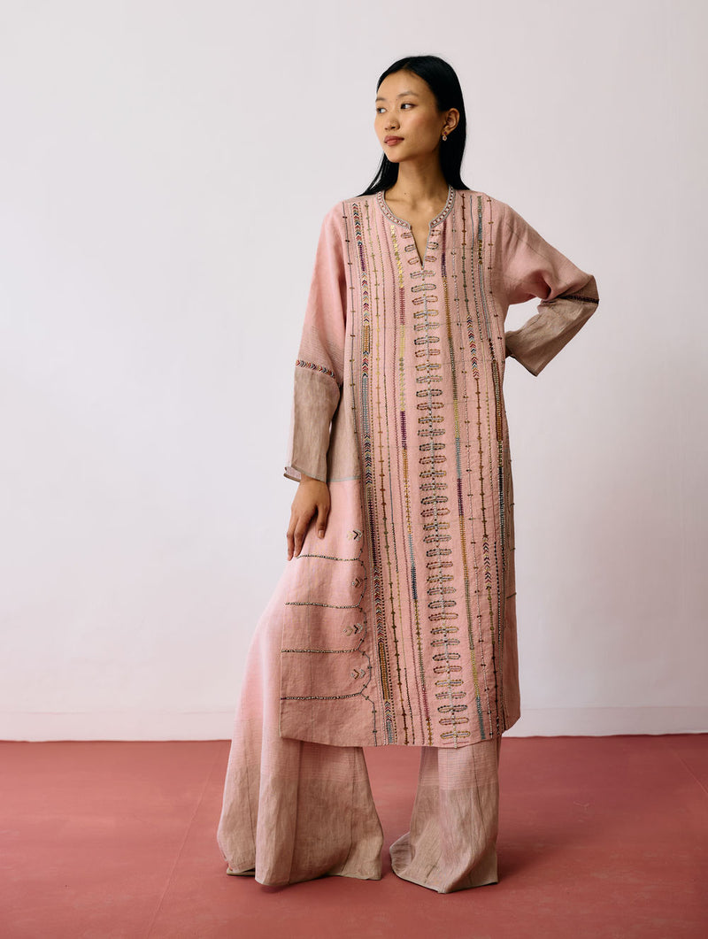 Aicha Hand-Embroidered Panelled Kurta-Pink linen kurta/kurta set by Manan in pink for women Worldwide