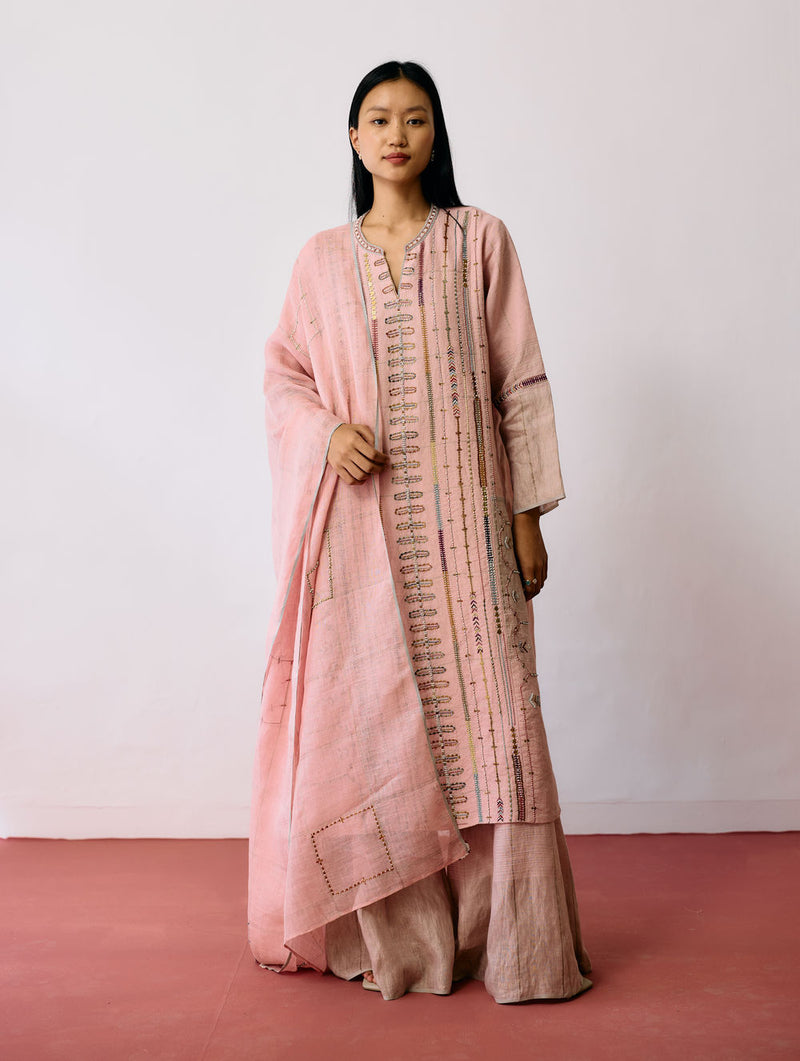 Aicha Hand-Embroidered Panelled Kurta Set-Pink linen kurta/kurta set by Manan in pink for women Worldwide