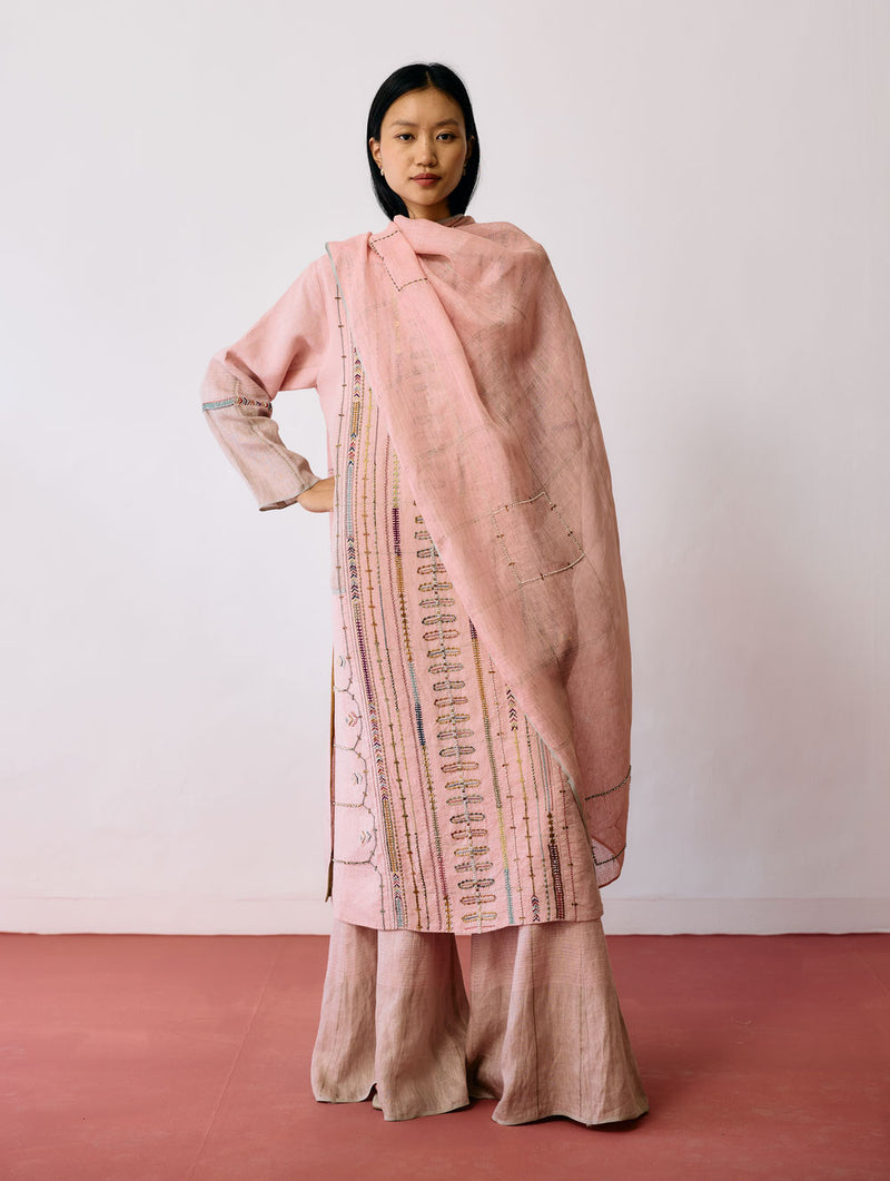 Mora Hand-Embroidered Metallic Linen Dupatta-Pink linen dupatta by Manan in pink for women Worldwide