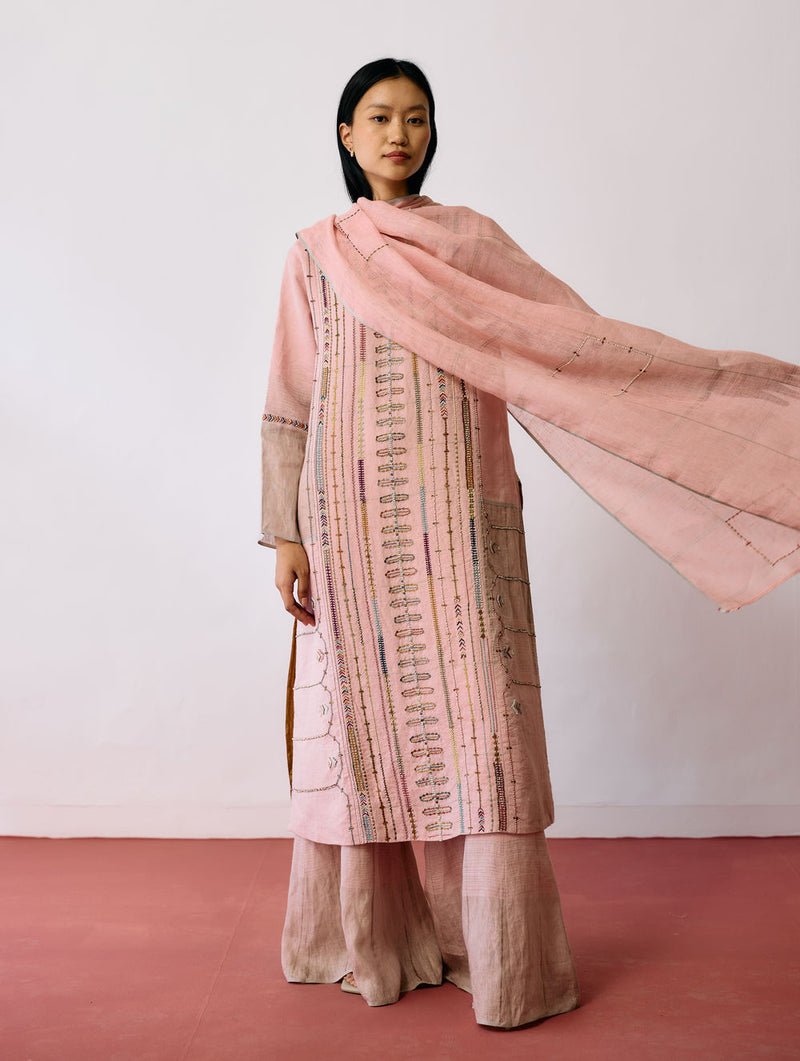 Mora Hand-Embroidered Metallic Linen Dupatta-Pink linen dupatta by Manan in pink for women Worldwide