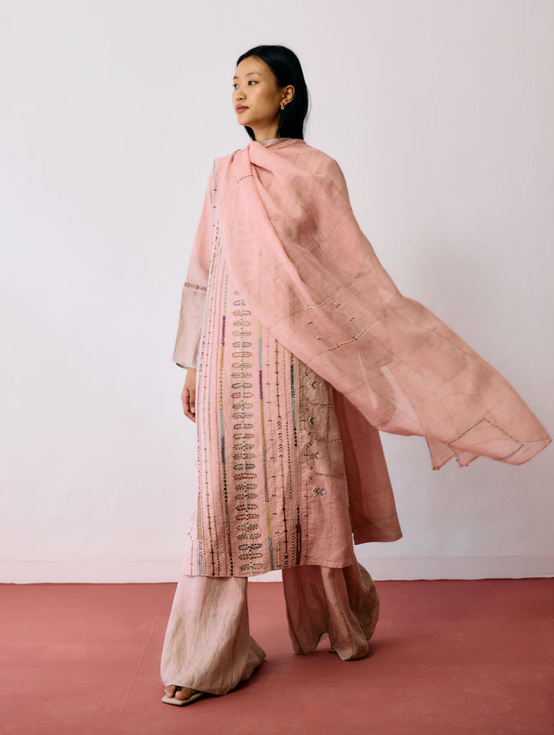 Aicha Hand-Embroidered Panelled Kurta Set-Pink linen kurta/kurta set by Manan in pink for women Worldwide