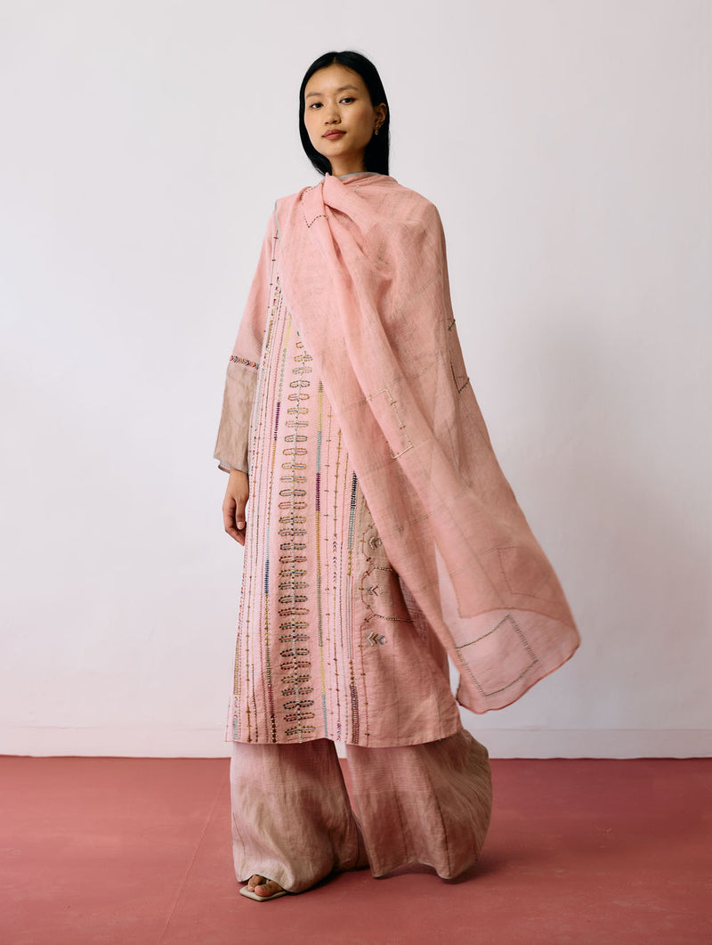 Mora Hand-Embroidered Metallic Linen Dupatta-Pink linen dupatta by Manan in pink for women Worldwide