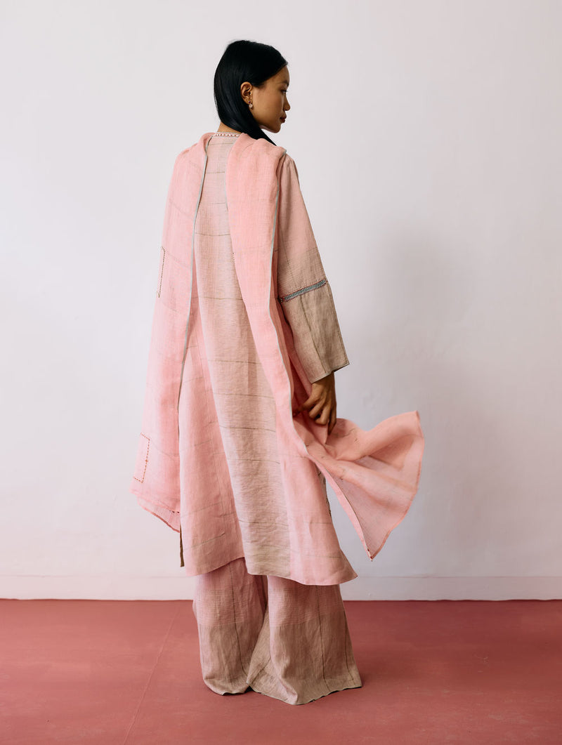 Mora Hand-Embroidered Metallic Linen Dupatta-Pink linen dupatta by Manan in pink for women Worldwide