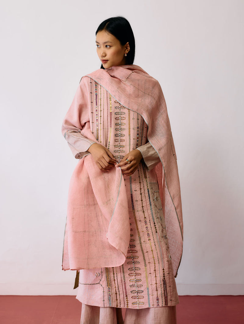 Aicha Hand-Embroidered Panelled Kurta Set-Pink linen kurta/kurta set by Manan in pink for women Worldwide