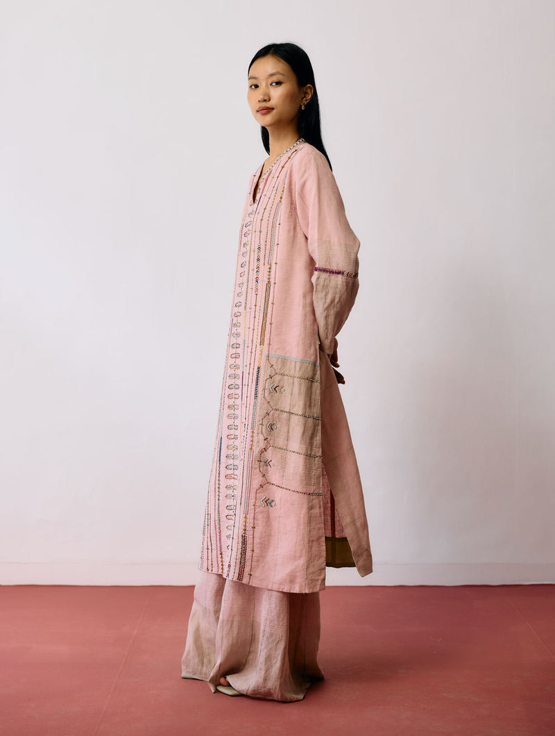 Aicha Hand-Embroidered Panelled Kurta Set-Pink linen kurta/kurta set by Manan in pink for women Worldwide