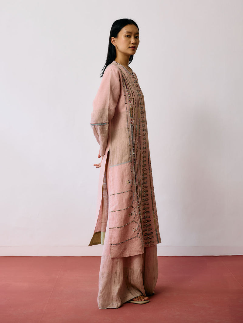 Aicha Hand-Embroidered Panelled Kurta-Pink linen kurta/kurta set by Manan in pink for women Worldwide