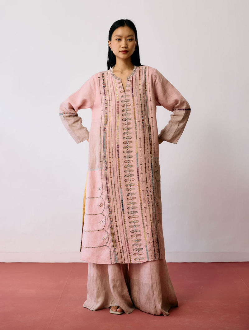 Aicha Hand-Embroidered Panelled Kurta Set-Pink linen kurta/kurta set by Manan in pink for women Worldwide