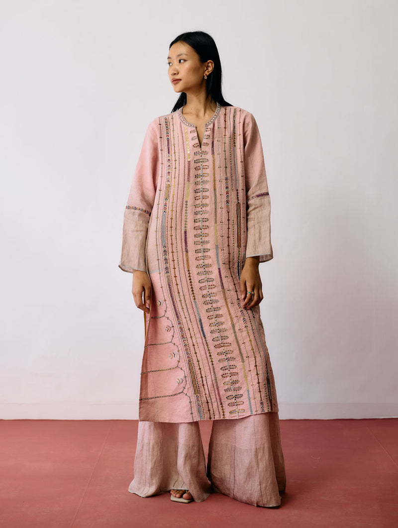 Aicha Hand-Embroidered Panelled Kurta-Pink linen kurta/kurta set by Manan in pink for women Worldwide
