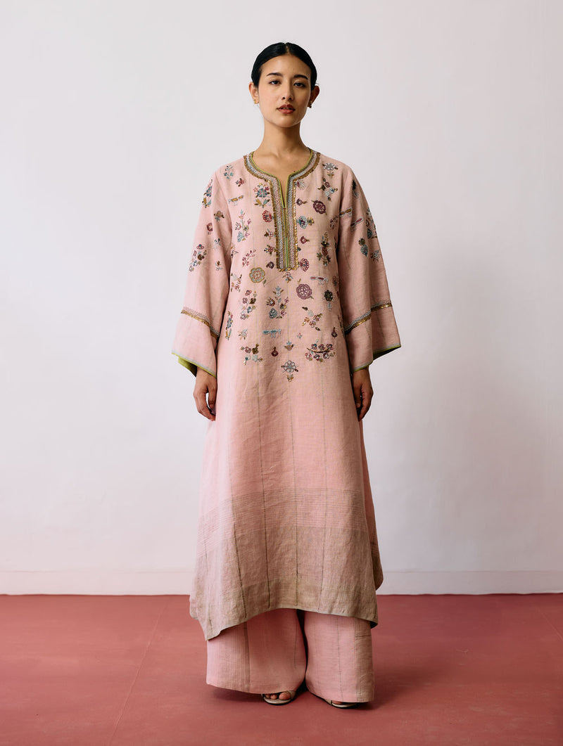 Ura Hand-Embroidered Metallic Linen Kurta-Pink linen kurta/kurta set by Manan in pink for women Worldwide