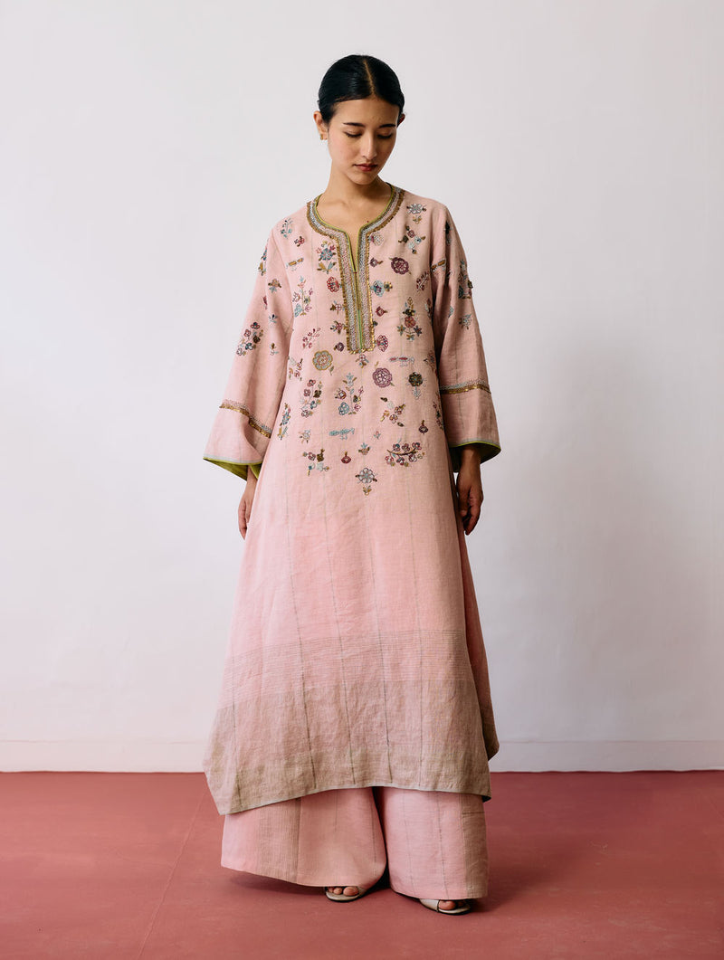 Ura Hand-Embroidered Metallic Linen Kurta-Pink linen kurta/kurta set by Manan in pink for women Worldwide
