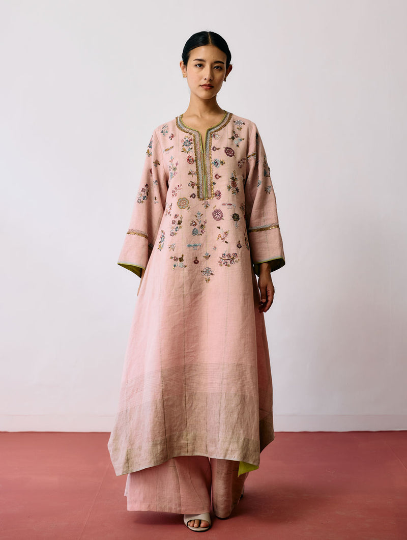 Ura Hand-Embroidered Metallic Linen Kurta-Pink linen kurta/kurta set by Manan in pink for women Worldwide