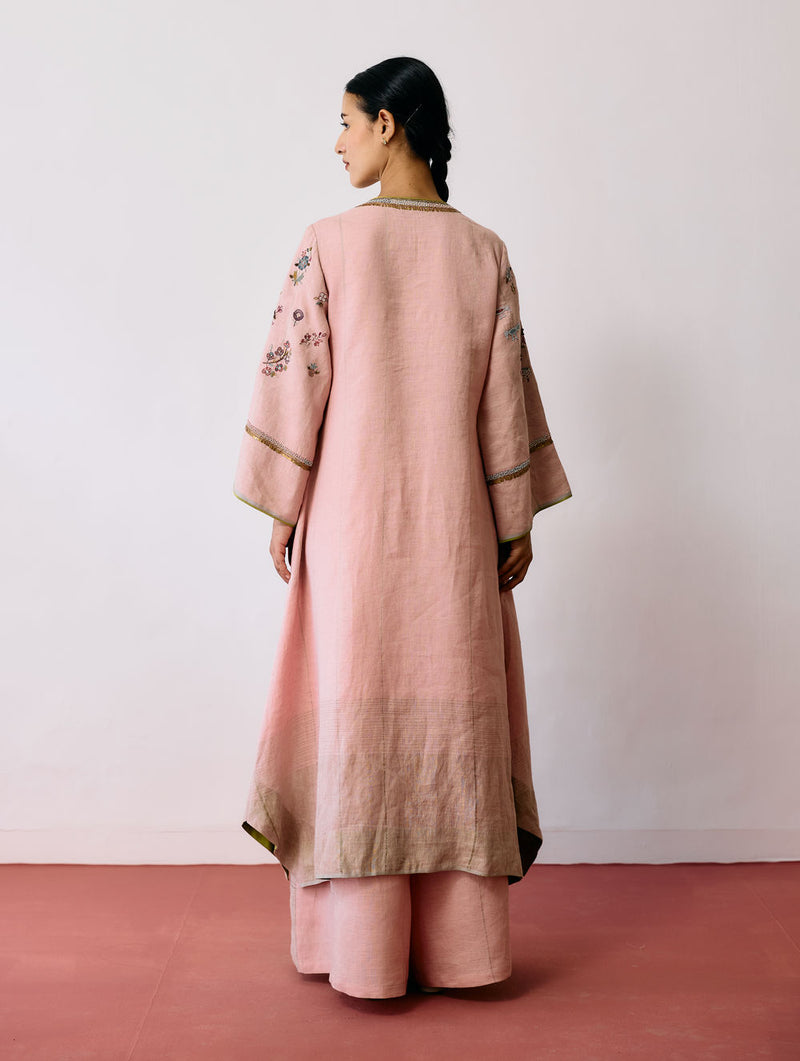 Ura Hand-Embroidered Metallic Linen Kurta Set-Pink linen kurta/kurta set by Manan in pink for women Worldwide