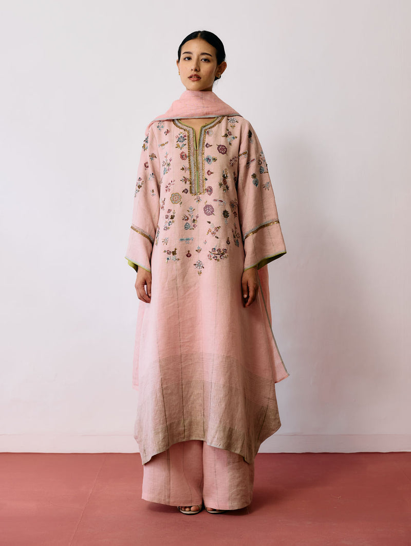 Ura Hand-Embroidered Metallic Linen Kurta Set-Pink linen kurta/kurta set by Manan in pink for women Worldwide