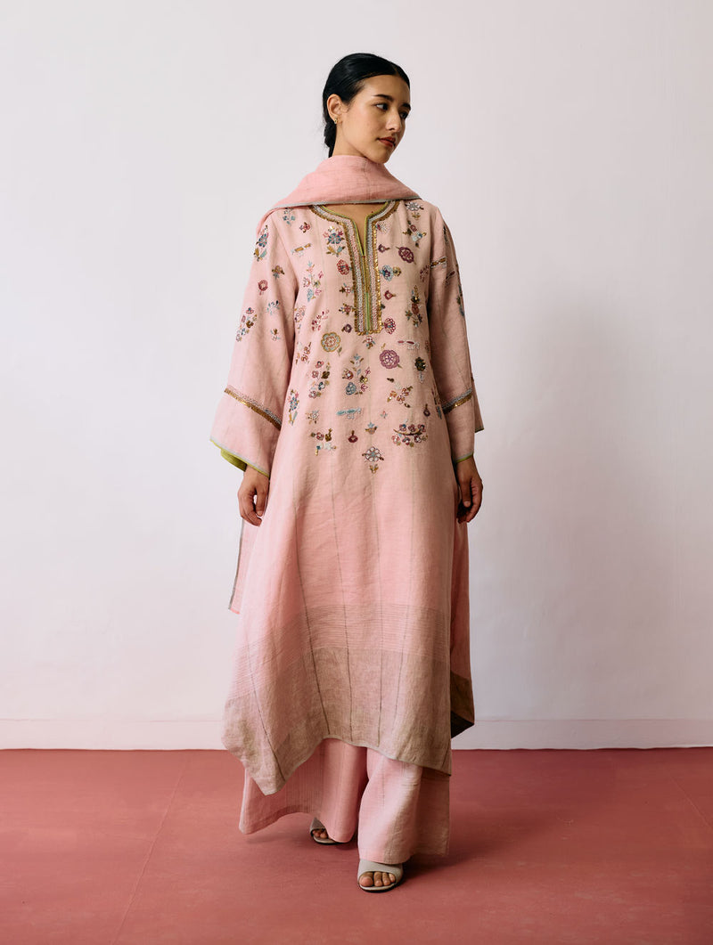 Ura Hand-Embroidered Metallic Linen Kurta Set-Pink linen kurta/kurta set by Manan in pink for women Worldwide