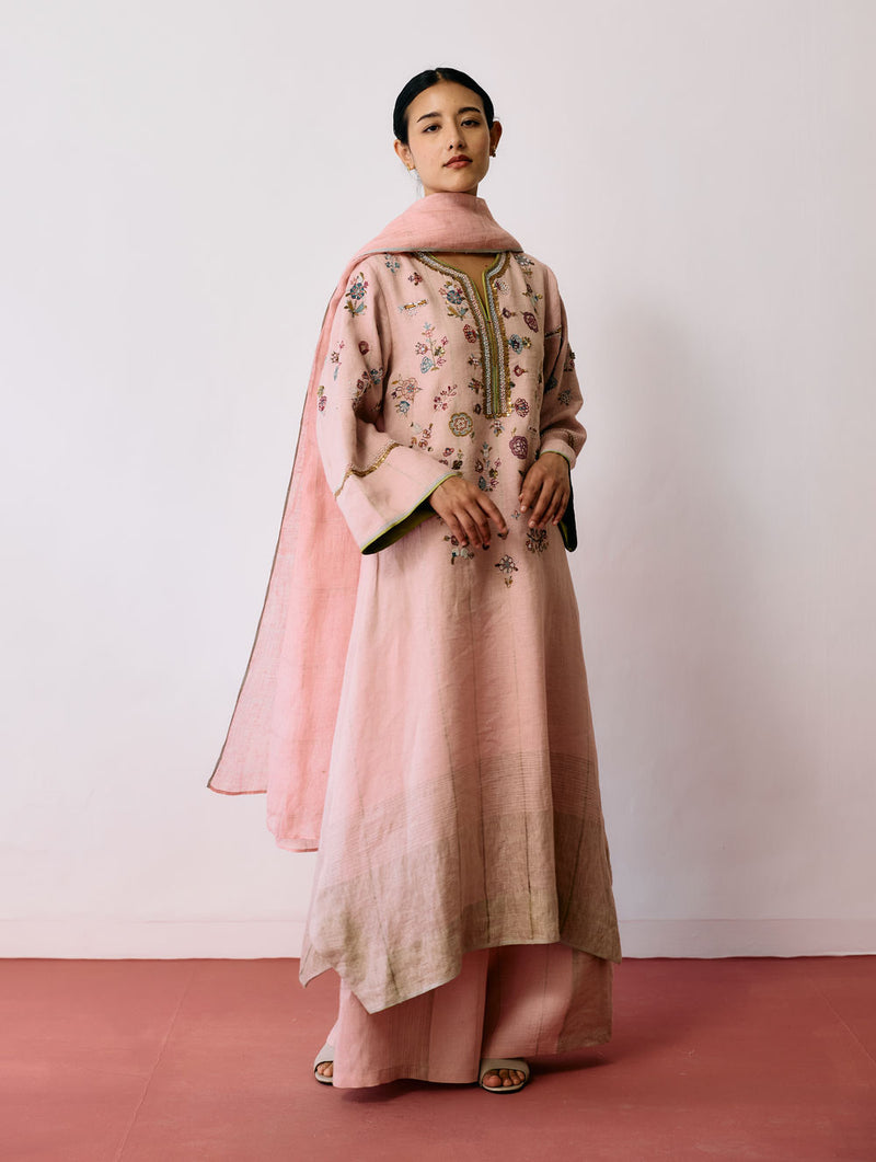 Ura Hand-Embroidered Metallic Linen Kurta Set-Pink linen kurta/kurta set by Manan in pink for women Worldwide