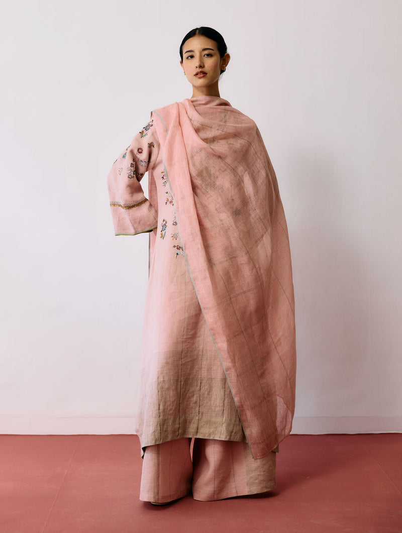 Sava Linen Metallic-Check Dupatta-Pink linen dupatta by Manan in pink for women Worldwide