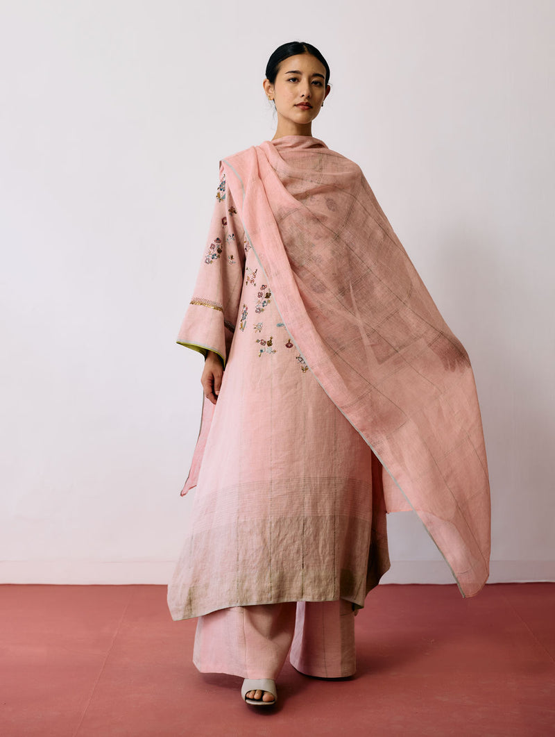 Ura Hand-Embroidered Metallic Linen Kurta Set-Pink linen kurta/kurta set by Manan in pink for women Worldwide