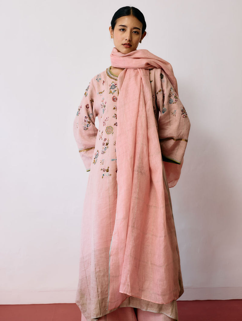 Ura Hand-Embroidered Metallic Linen Kurta-Pink linen kurta/kurta set by Manan in pink for women Worldwide
