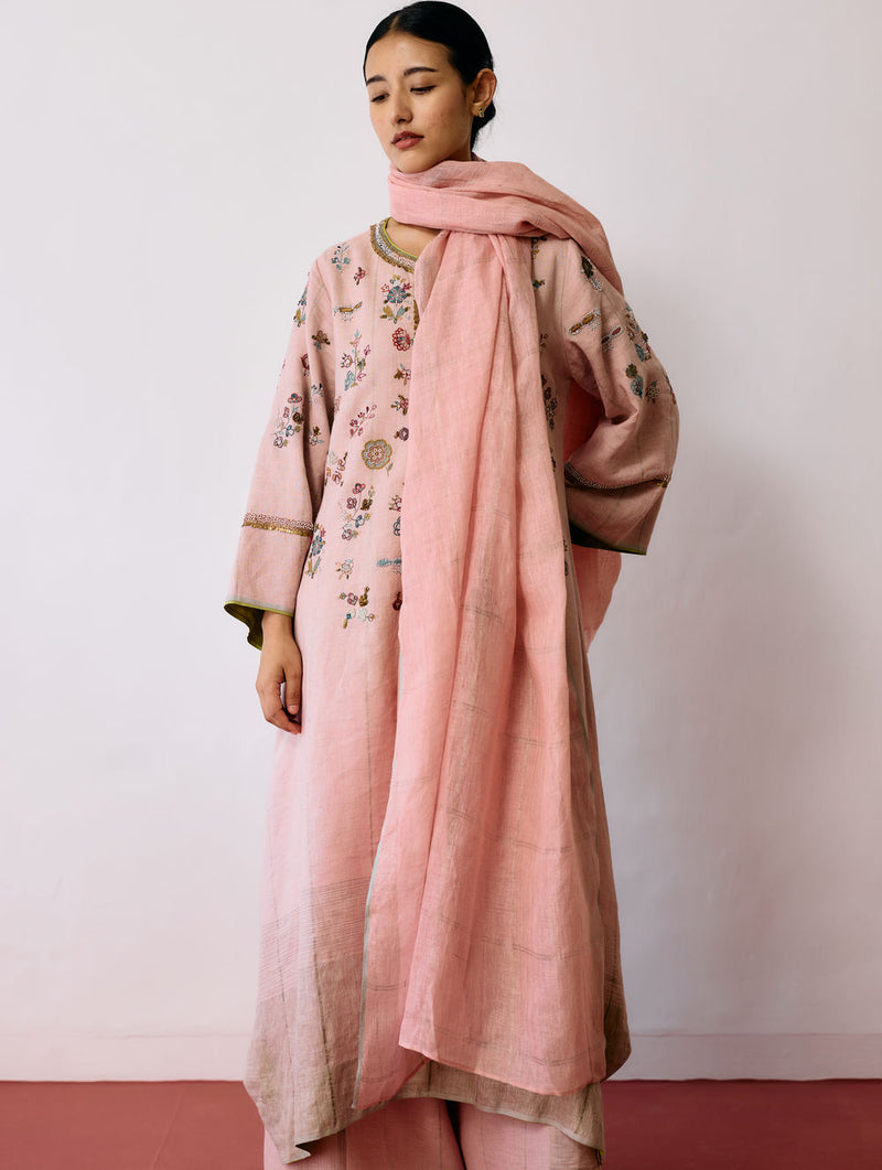 Sava Linen Metallic-Check Dupatta-Pink linen dupatta by Manan in pink for women Worldwide