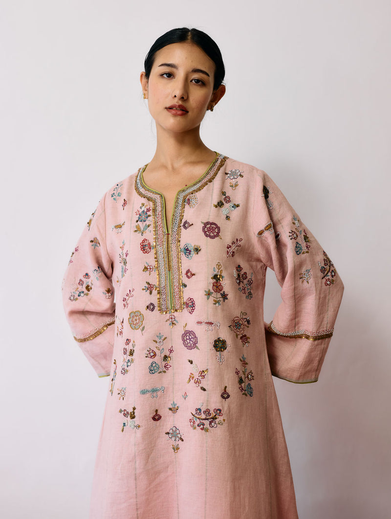 Ura Hand-Embroidered Metallic Linen Kurta-Pink linen kurta/kurta set by Manan in pink for women Worldwide