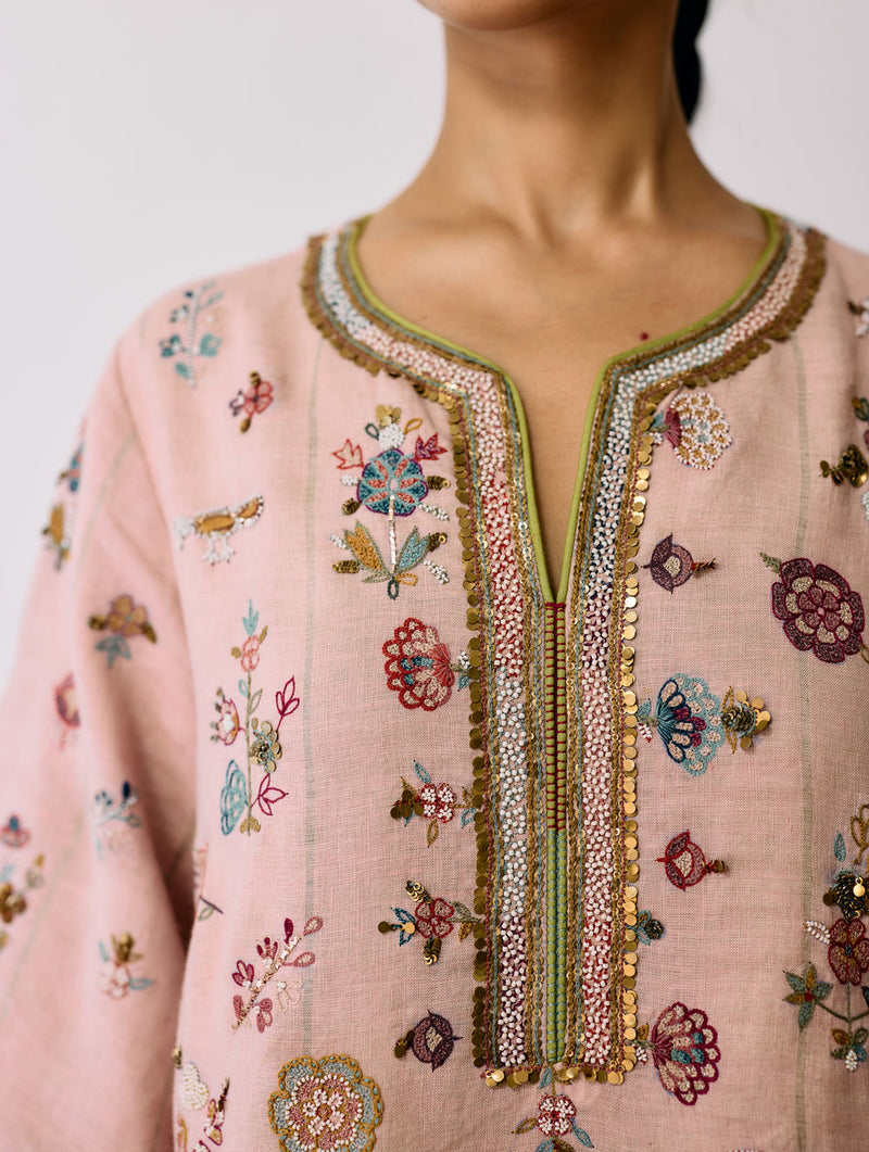 Ura Hand-Embroidered Metallic Linen Kurta Set-Pink linen kurta/kurta set by Manan in pink for women Worldwide
