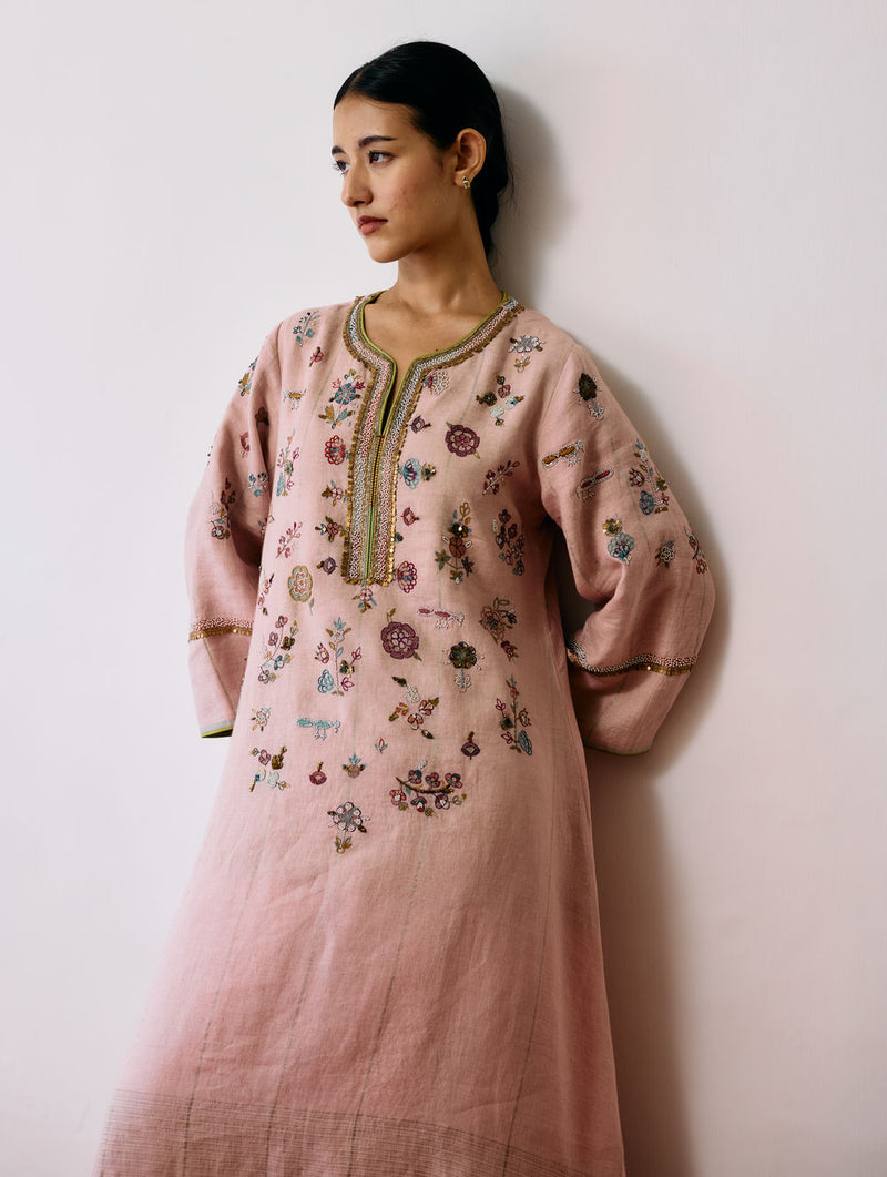 Ura Hand-Embroidered Metallic Linen Kurta-Pink linen kurta/kurta set by Manan in pink for women Worldwide