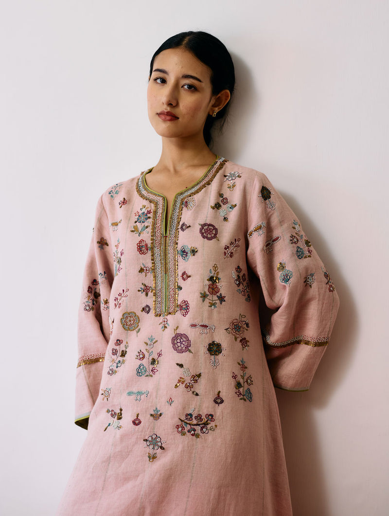 Ura Hand-Embroidered Metallic Linen Kurta Set-Pink linen kurta/kurta set by Manan in pink for women Worldwide