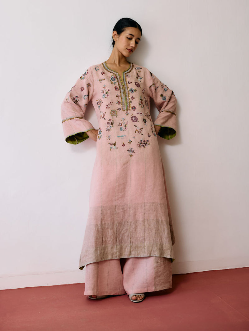 Ura Hand-Embroidered Metallic Linen Kurta Set-Pink linen kurta/kurta set by Manan in pink for women Worldwide
