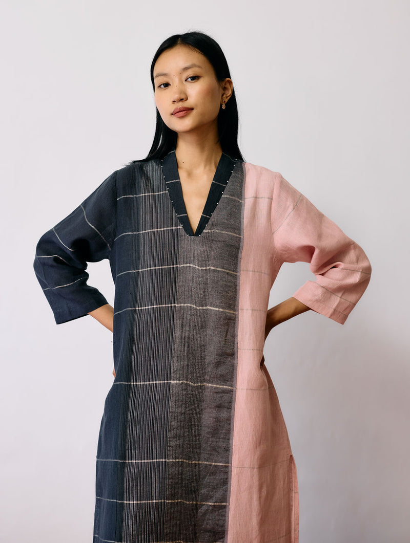 Zanera Patchwork Pintuck Kurta Set linen kurta/kurta set by Manan in black for women Worldwide