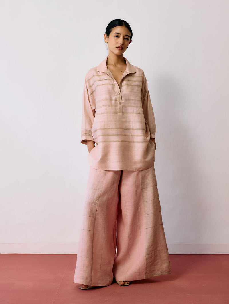 Dayana Handwoven Tussar Silk Top-Ecru Pink tussar katiya silk top/shirt by Manan in natural for women Worldwide